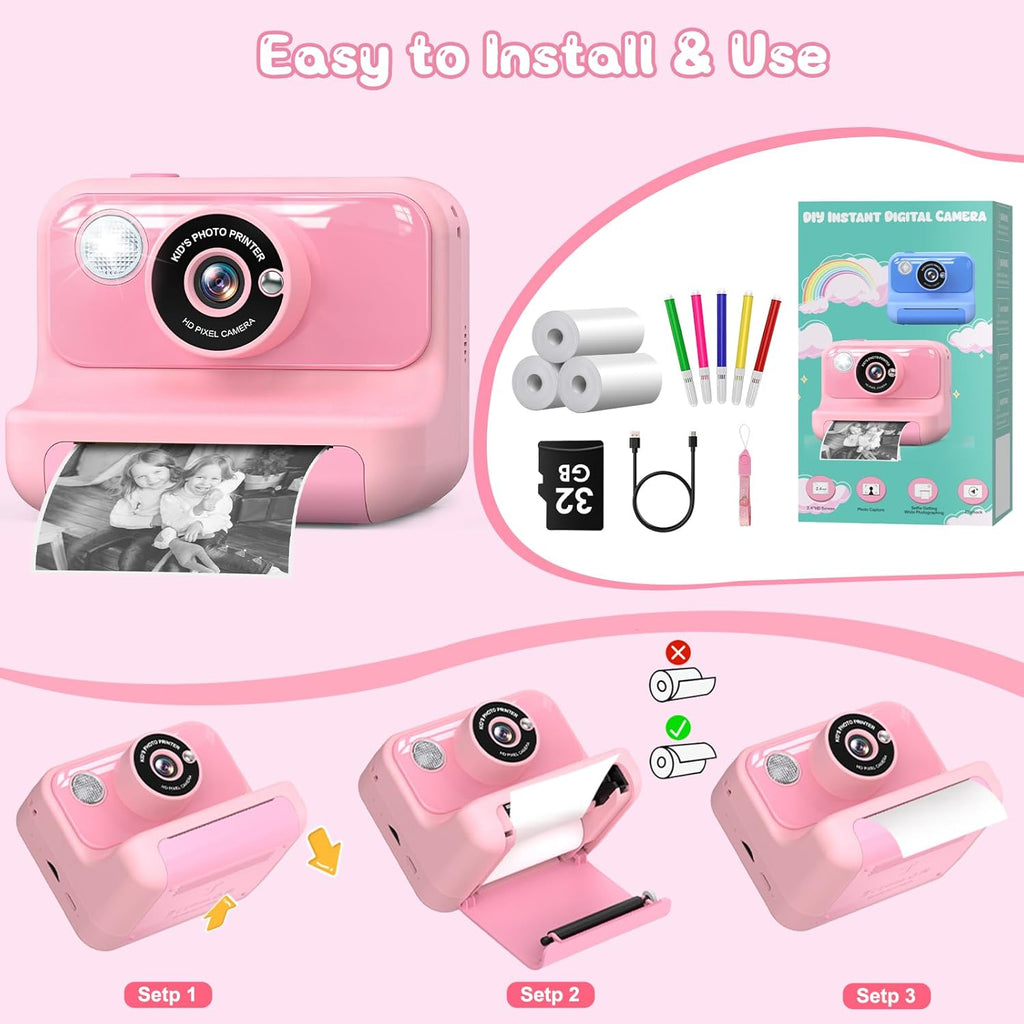Kids Instant Camera with 1080P, 32GB Card