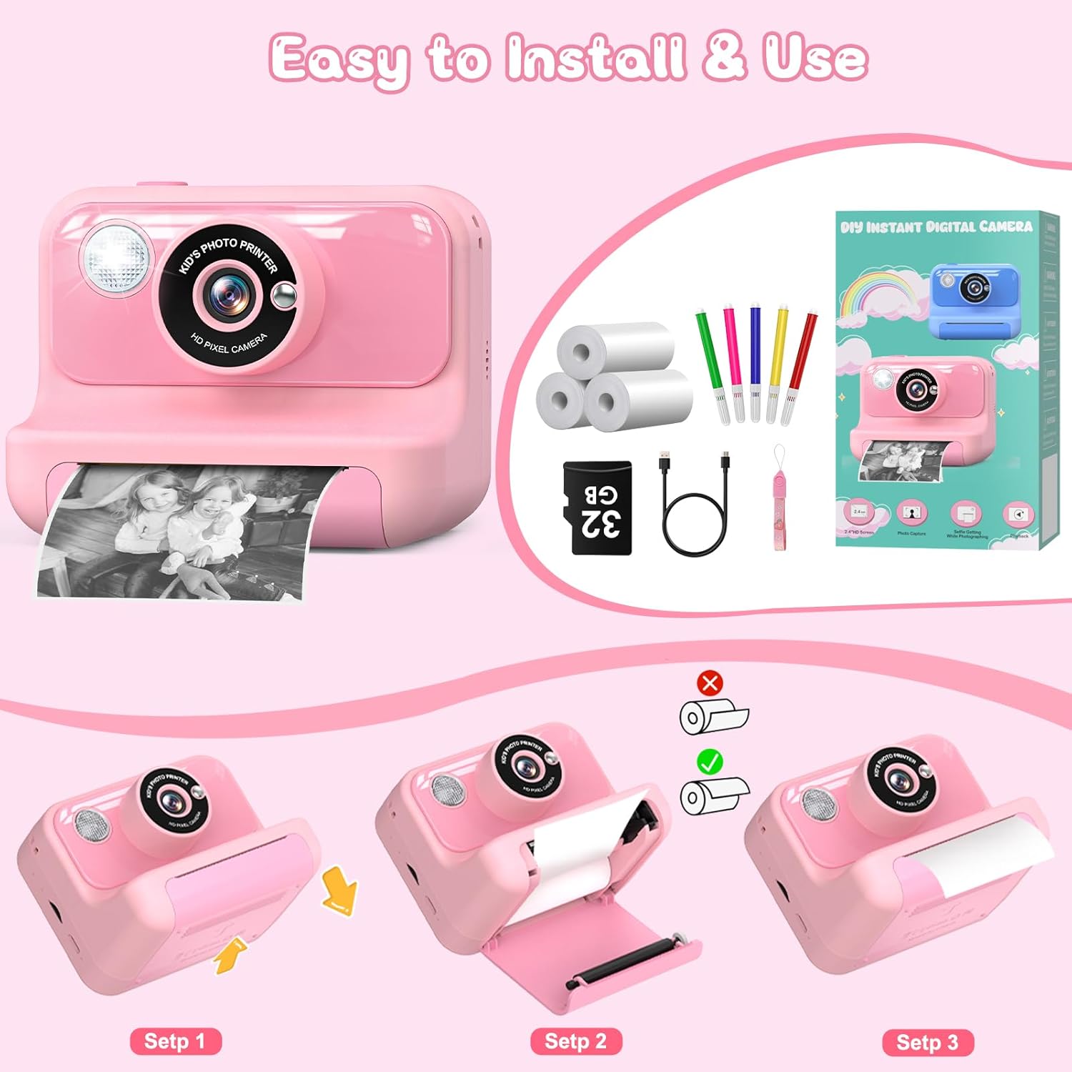 Kids Instant Camera with 1080P, 32GB Card